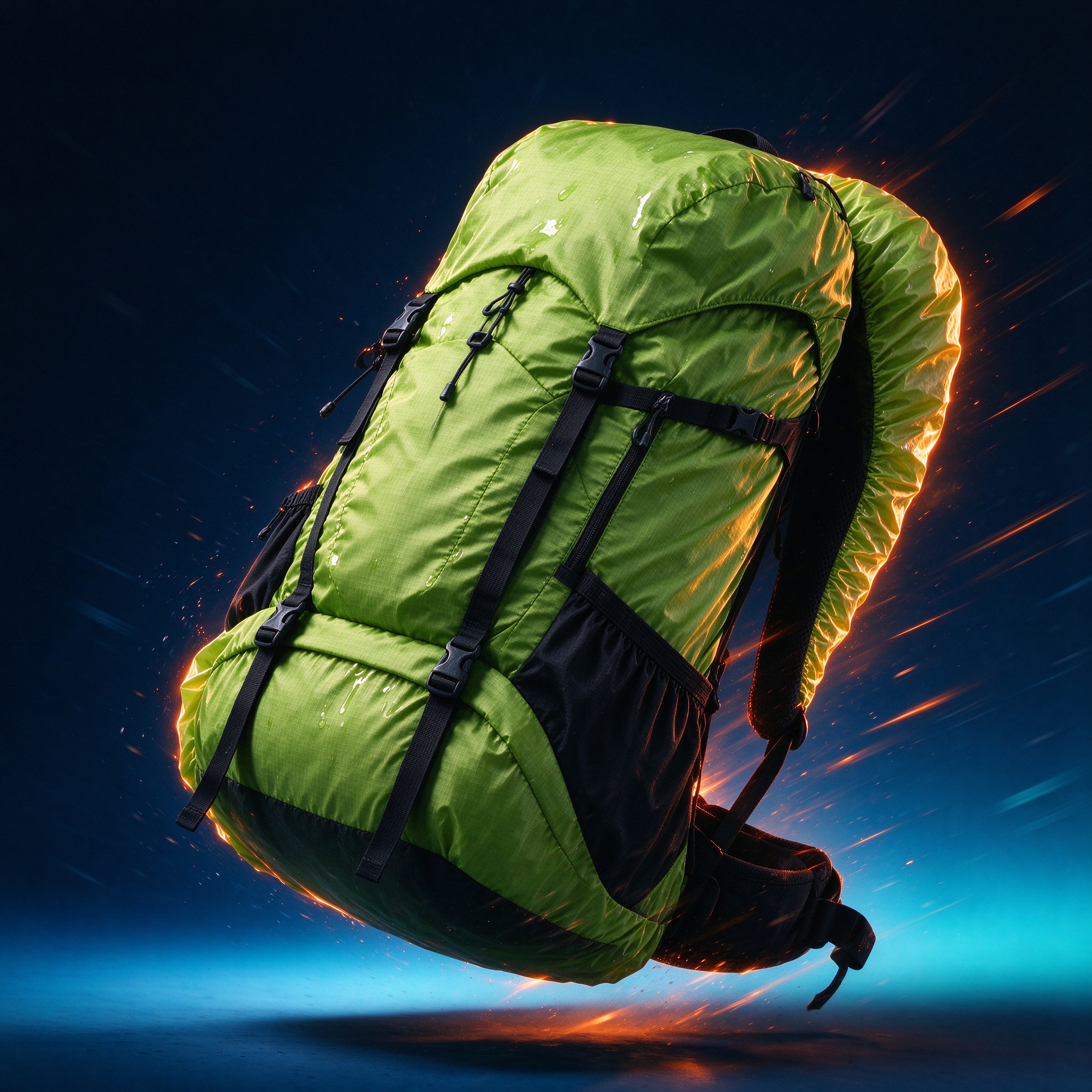 Lime green 40L hiking backpack floating diagonally