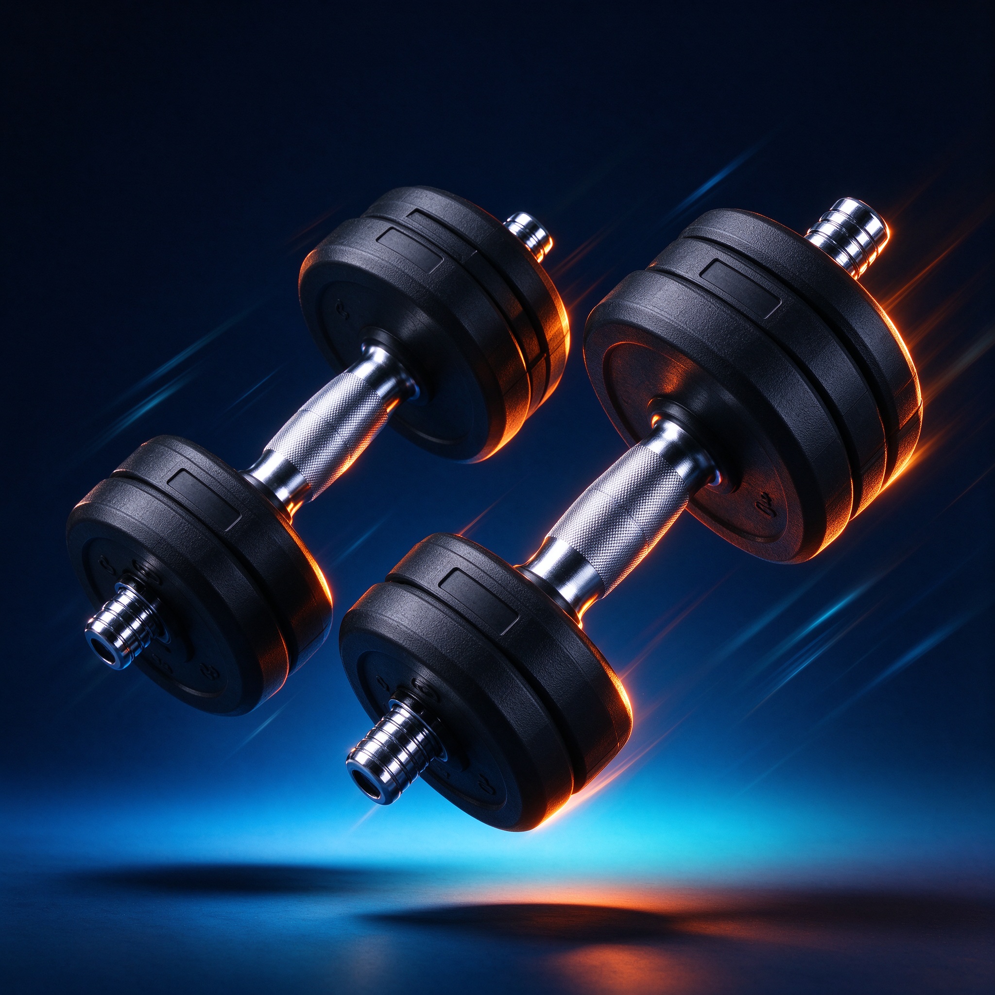 Adjustable dumbbell set on an energetic gradient background