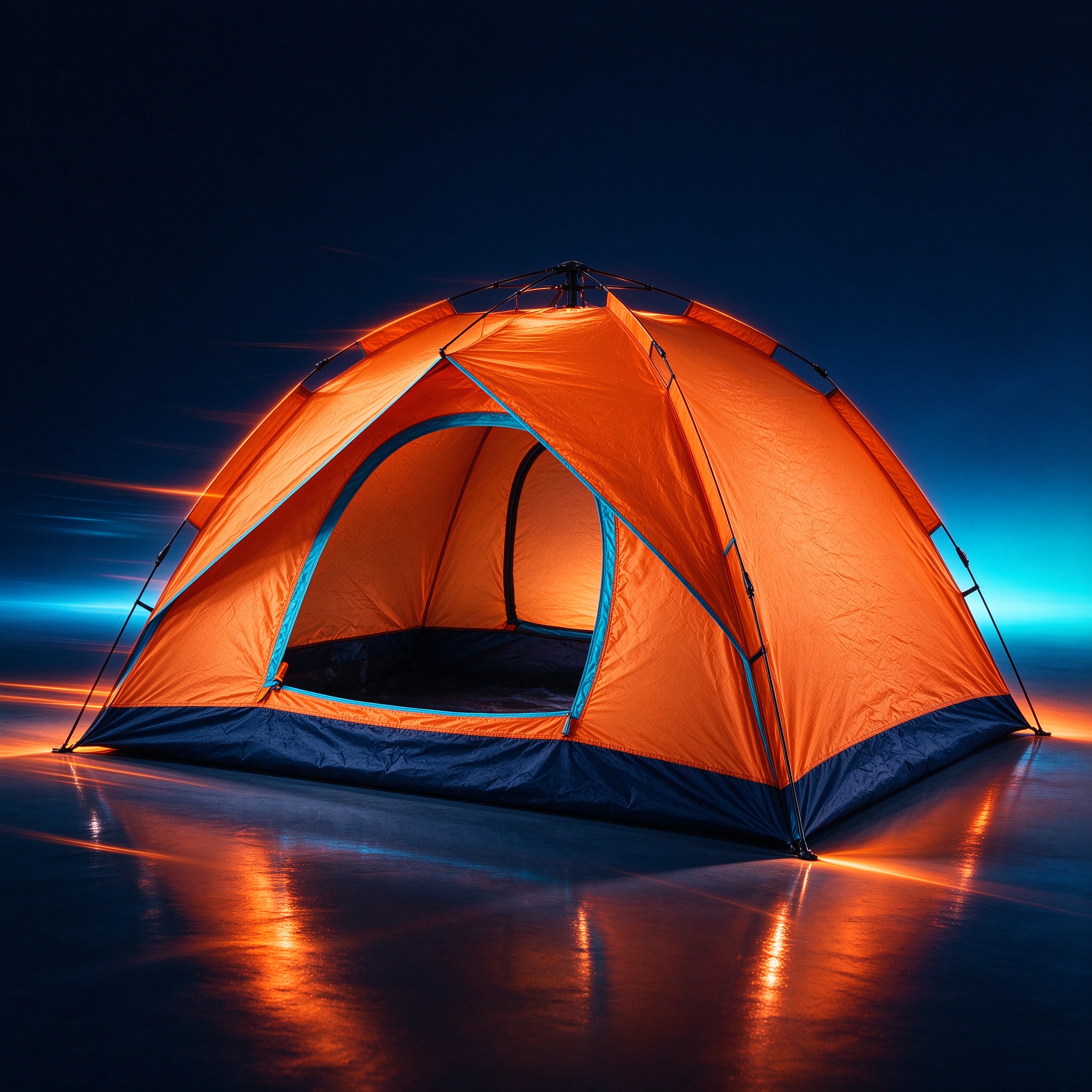 Dome camping tent pitched at a dynamic angle